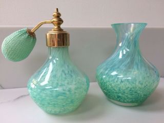 Vintage Art Glass Green Perfume Bottle Atomiser Vase Dressing Table Set