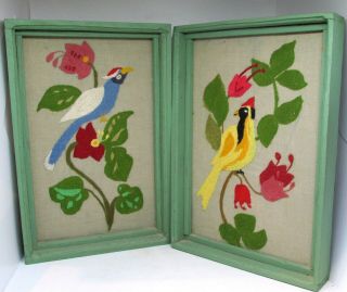 Vintage Finished Framed Crewel Embroidery Birds With Handmade Frames