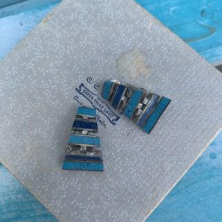 Vintage Sterling Silver Turquoise Lapis Inlay Clip On Earrings