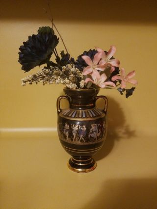 Vintage Greek Vase,  Hand Made In Greece.  Black With 24k Gold Trim.