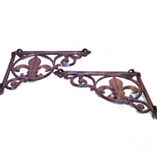 Architectural Cast Iron Shelf Brackets - Fleur - De - Lis Motif Pair Vintage Style