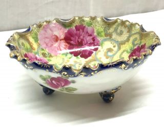 Vintage Antique Nippon Large Hand Painted Flowers Cobalt Gilt Bowl