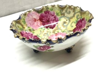 Vintage Antique Nippon Large Hand Painted Flowers Cobalt Gilt Bowl 2
