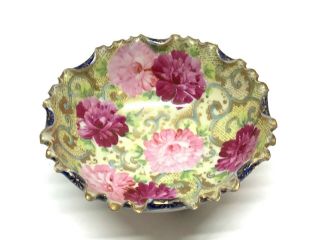 Vintage Antique Nippon Large Hand Painted Flowers Cobalt Gilt Bowl 3