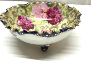 Vintage Antique Nippon Large Hand Painted Flowers Cobalt Gilt Bowl 4