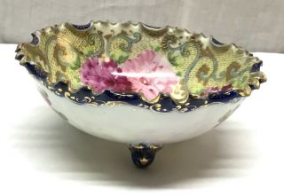 Vintage Antique Nippon Large Hand Painted Flowers Cobalt Gilt Bowl 5
