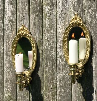 Vintage Home Interiors Oval Mirror Wall Hanging Sconce Candle Stick Holder Homco