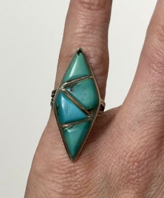 Vintage Old Pawn Zuni Sterling Silver Turquoise Inlay Ring Signed