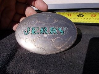 Vintage Handcrafted Signed Western Belt Buckle Turquoise Stone Inlay Jerry.