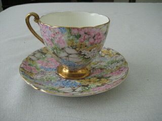 Vintage Shelley Bone China Chintz Rock Garden Tea Cup & Saucer With Gold Handle