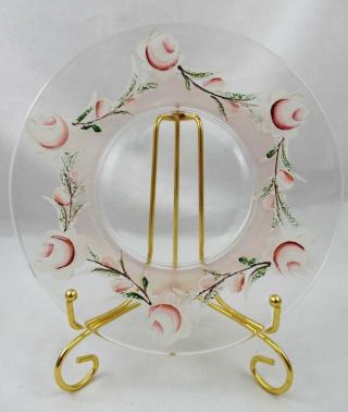 Vintage Hand Painted Pink & White Roses Border Glass Shabby Chic Dessert Plates