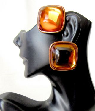 Vintage Signed Ysl Yves Saint Laurent Amber Colored Poured Glass Clip Earrings