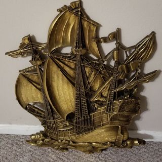 Vintage Homco Syroco Large Goldtone Pirate Ship Sailing Galleon Approx " 28 X 22 "