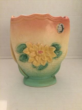 Vintage Hull Art Pottery L - 6 - 6 1/2 Pink Green Yellow Water Lily Vase