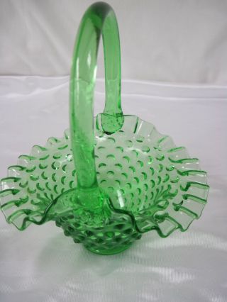 Vintage Fenton Colonial Green Hobnail Basket Art Glass Crimped Ruffled Edge 8 "