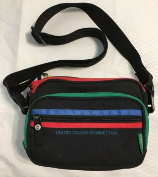 United Colors Of Benetton Camera Bag Vtg Black Adjustable Shoulder Strap Purse