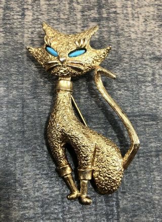 Vintage Jj Jonette Gold - Tone Metal Siamese Cat Faux Turquoise Eyes Brooch Pin