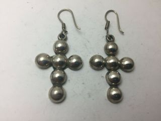 Vintage Sterling Silver Taxco Mexico Signed Beaded Cross Earrings Td - 25