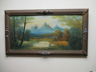 Vtg.  Oil Painting On Board Of Mountain Scene In Art Nouveau Frame With Gesso