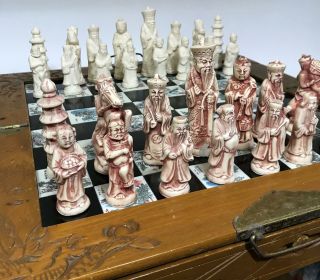 Vtg Carved Chinese Alabaster ? Stone Scrimshaw Board Chess Set Game