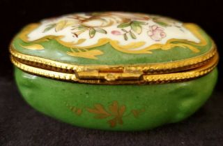 Vintage Limoges Porcelain Trinket Oval Box Hinged Green W/gold