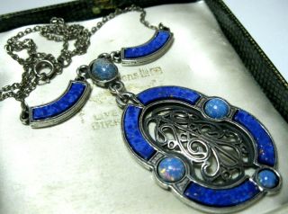 VINTAGE SIGNED MIRACLE SCOTTISH JEWELLERY CELTIC OPAL LAPIS GLASS DROP NECKLACE 2