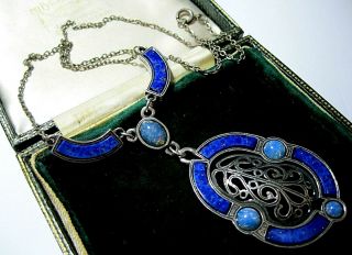 VINTAGE SIGNED MIRACLE SCOTTISH JEWELLERY CELTIC OPAL LAPIS GLASS DROP NECKLACE 4