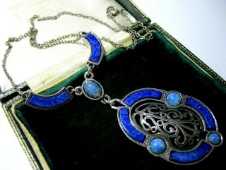 VINTAGE SIGNED MIRACLE SCOTTISH JEWELLERY CELTIC OPAL LAPIS GLASS DROP NECKLACE 5