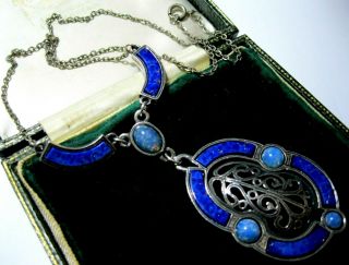 VINTAGE SIGNED MIRACLE SCOTTISH JEWELLERY CELTIC OPAL LAPIS GLASS DROP NECKLACE 6