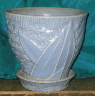 Vintage Nelson Mccoy Blue Large Flower Pot Basket Weave & Leaves Attached Saucer