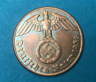 Nazi Germany 2 Reichspfennig 1938 - F Stuttgart Vintage Ww2 Era Coin