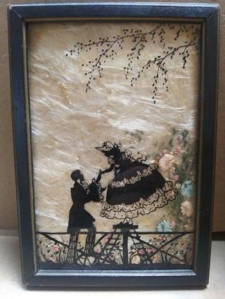 Scherenschnitte Glass.  Silhouette.  Flowercraft Man,  Lady On Ladder Vintage