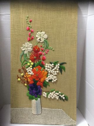 Vintage Crewel Embroidery Boho Floral Vase On Table Flowers Finished 26” 