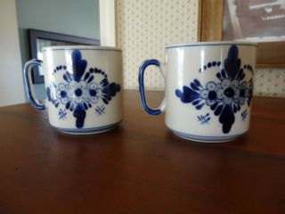 2 Vtg Delft Blue White Holland Hand Painted Cup Mug Windmill Flowers Netherlands