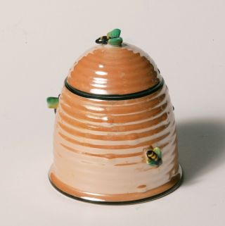 Vintage Art Deco Noritake Honey Jar - Bright Tan Luster W/ 4 Figural Green Bees