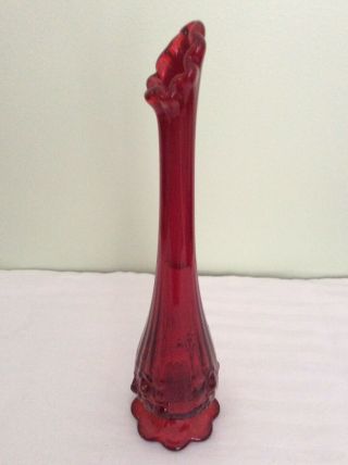 Vintage Fenton 10 1/2” Ruby Red Footed Stretch Swung Vase Rose Pattern 1970s