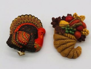 2 Vintage Hallmark Thanksgiving Fall Lapel Pins Turkey & Cornucopia