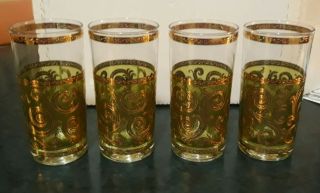 Vintage Culver Toledo Style Highball Glasses Set Of 4 Green Swirl 22k Gold Trim