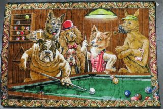 Vintage Dogs Playing Pool Tapestry Wall Hanging Pool Room Man Cave Art Morocco