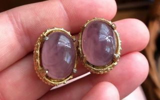 Vintage Hattie Carnegie Signed Clip On Earrings Purple Glass? Cabochon