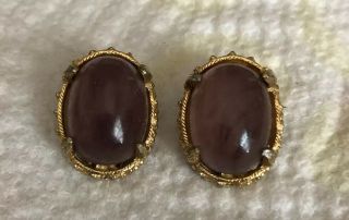 Vintage Hattie Carnegie Signed Clip On Earrings Purple Glass? Cabochon 8
