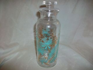 Vintage Mid Century Modern Tall Glass Vanity Jar Turquoise Flowers Gold Accent