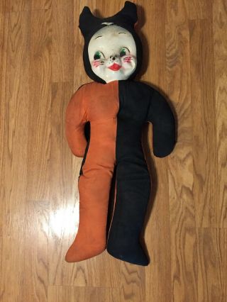 Antique Halloween Plastic Cat Face Doll 27 Inches Black Orange Gund?