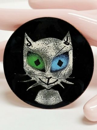 Vintage Figural Scary Kitty Cat Black & White Enamel On Copper Brooch