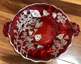 Vtg Sterling Silver Overlay On A Ruby Red Glass Overlay 13 " Tray Platter Poppies