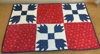 Antique Vintage Small Patchwork Quilt,  Bears Paw,  Floral Calicos,  Red,  Blue