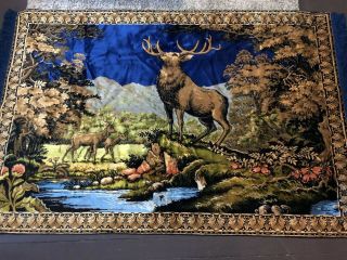 Blue Gold Vintage Buck Elk Deer Velvet Wall Tapestry Or Rug 48” X 62”