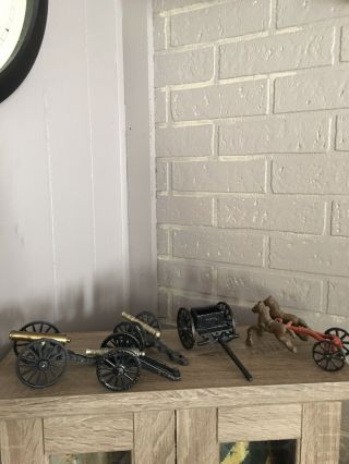 Group Of Vintage Civil War Miniature Cannons & Gun Limber / Metal Horses
