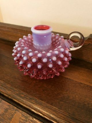 Vintage Fenton Cranberry Glass Candle Holder Hobnail Opalescent Pink