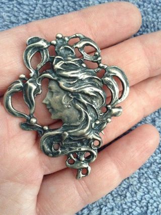 Vintage Sterling Silver 925 Art Nouveau Lady Head Pin Brooch Pendant Cameo